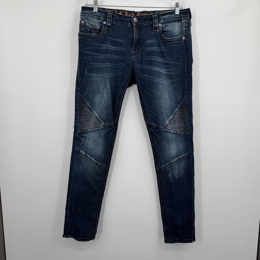 Rock Revival Jeans Womens 32 Blue Skinny Embroidered Mena Stretch Moto Dark